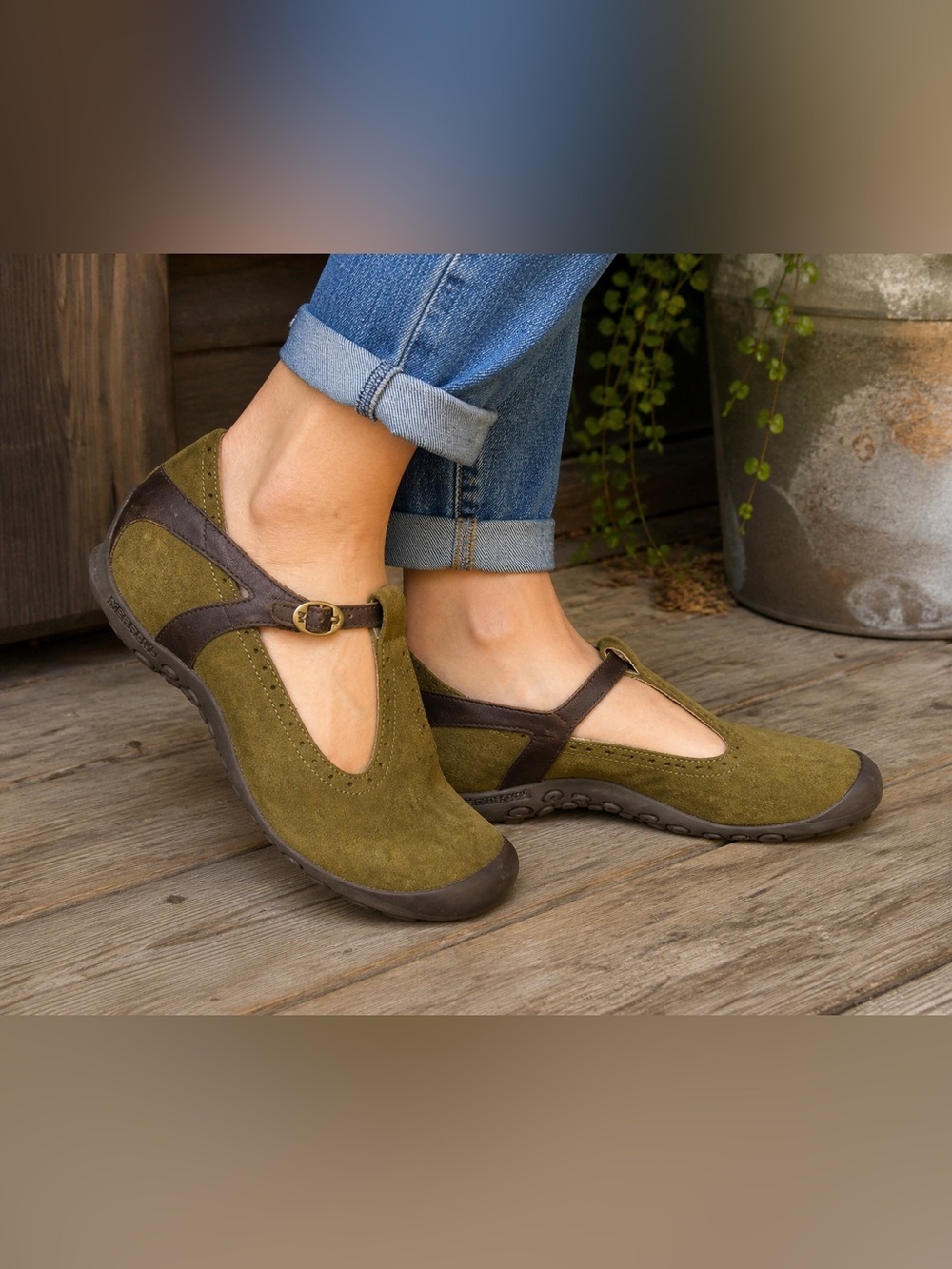 Merrell Olive Green Suede Mary Jane T Strap Comfort Shoes Womens Size 10